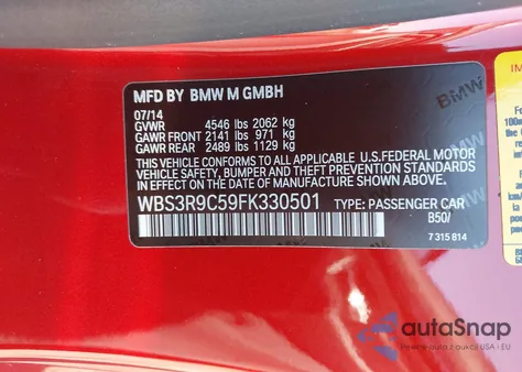 2015 BMW M4 z USA, uszkodzony, nr VIN WBS3R9C59FK330501